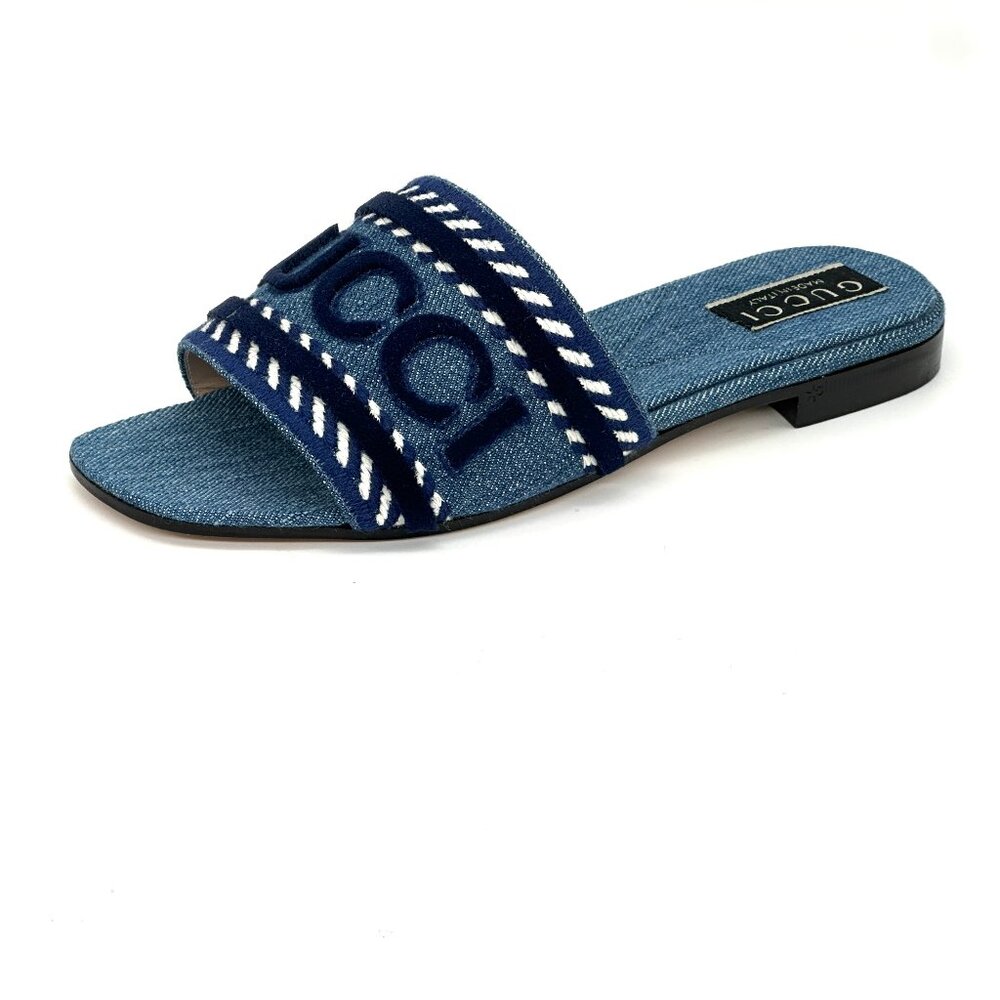 Gucci Jane Denim Logo Embroidered Flat Slide Sandals Shoes Blue - Picture 7 of 16